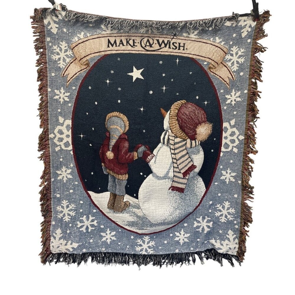 Make A Wish Winter Snowman & Child Woven Tapestry Throw Blanket‎ 42" x 50"